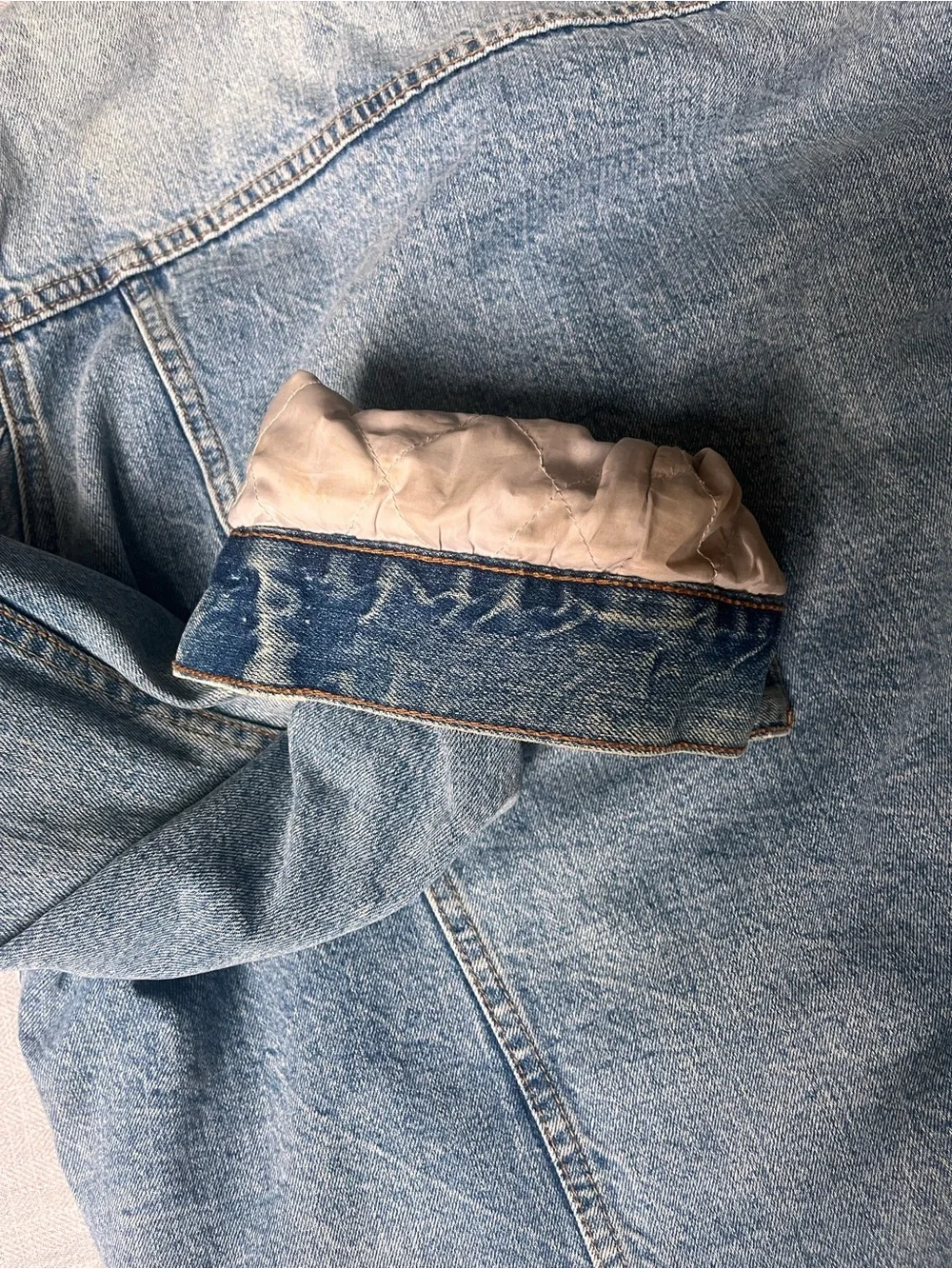 Distressed Lucky Brand Light Blue Denim Sherpa Lined Trucker Jacket
